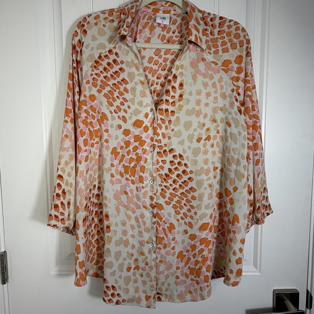 Cabi Abstract Animal Print Button Front Blouse Pink Orange Cream Medium